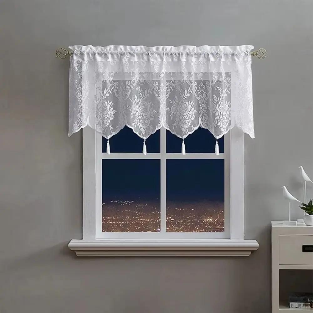 Fashion White Lace Short Curtain Tassel Small Fresh Tulle Window Half Curtains Cabinet Drapes for Home Deco