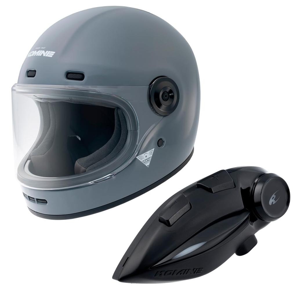 KOMINE Neo Retro Full Face Helmet Motorcycle Basalt Medium HK-190 + KK-902 Intercom, Gray,