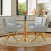 Table and Chair Collection: Round, Luxurious Glass Table, 85 Cm Diameter, Metal Support, with 4 Light Gray, 360 Degrees Swivel PU Dining Chairs.