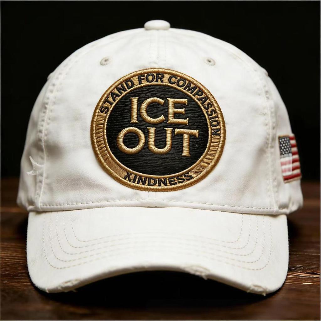 ICE Out Embroidered Baseball Cap Stand For Compassion Kindness Vintage Distressed Hat With American Flag Detail