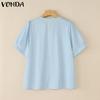 VONDA Summer Women O Neck Puff Sleeve Pleated Buttons Up Casual Blouse Tops