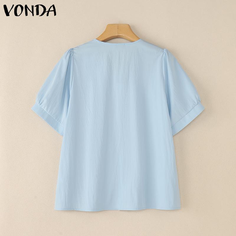 VONDA Summer Women O Neck Puff Sleeve Pleated Buttons Up Casual Blouse Tops