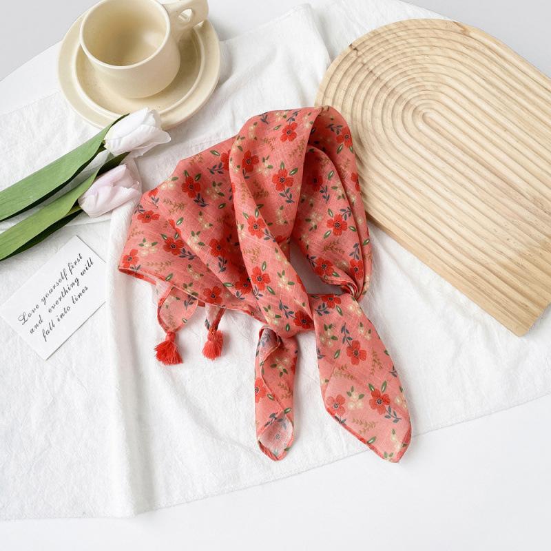 Small Fresh And Sweet Silk Scarf Square Scarf High-End Cute Style With Cotton And Linen Small Square Scarf Women'S Scarf Fringed Pendant
