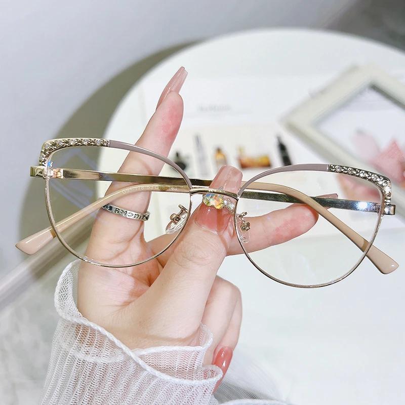 Fashion New Cat Eye Diamond Metal Women's Glasses Anti Blue Light Glasses with Rhinestone Metal Frame Transparent Computer Flat Glasses