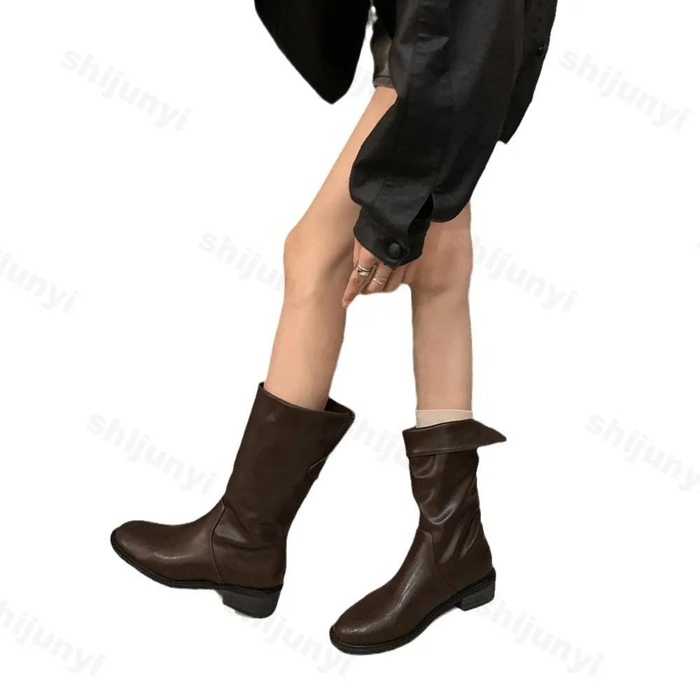 Модные женские сапоги на высоком каблуке с плиссе до середины голени, осенне-зимние женские модные кожаные сапоги в стиле вестерн, женские сапоги-ковбойши с острым толстым каблуком