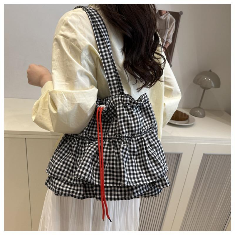 Women's Plaid Large Capacity Shoulder Bag Versatile Drawstring Simple Tote Bags Splicing Commuting Shopping Casual Underarm Bag