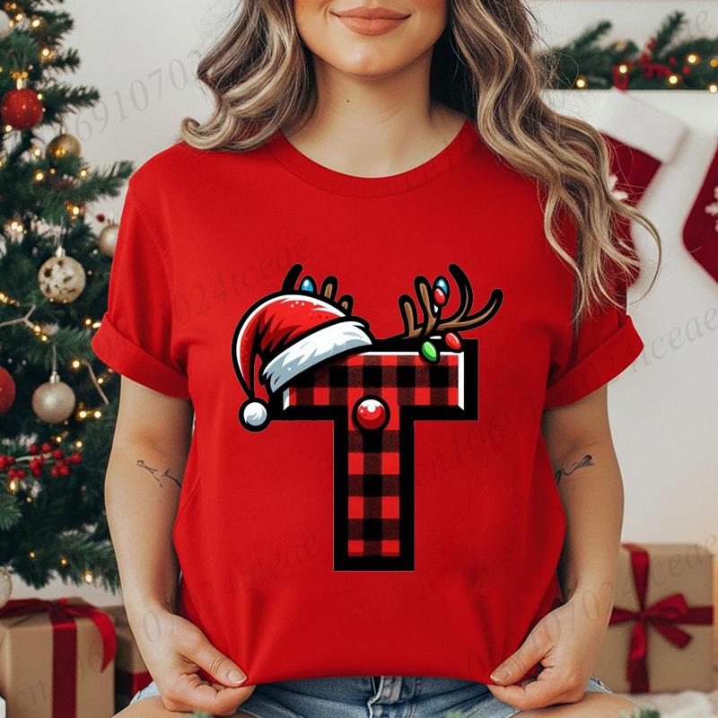 Christmas Alphabet Printed TShirt for Unisex Unisex Fashion Trendy Funny Casual Tops Santa Hat Reindeer Graphic Tshirt T Shirt