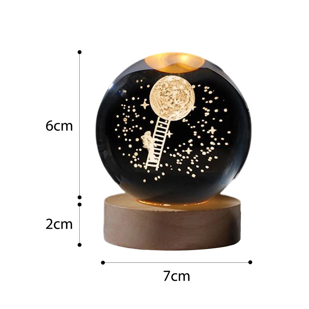 Crystal Ball Night Light Crystal Ball Lamp 3D Engraved Milky Way System Crystal Ball with Wooden Base USB Charging Gift for Kids