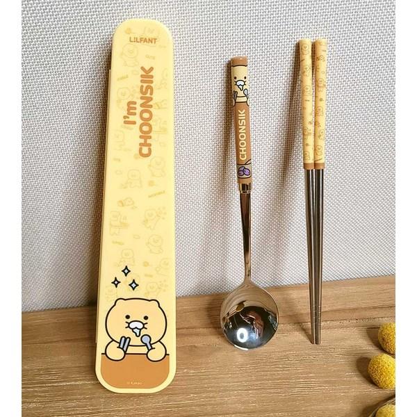 Lilpang Kakao Friends Children's Chunsik Space Efficient Vacuum Spoon Case Set M, Mixed Colors, Case + Spoon + Chopsticks, 1 Set