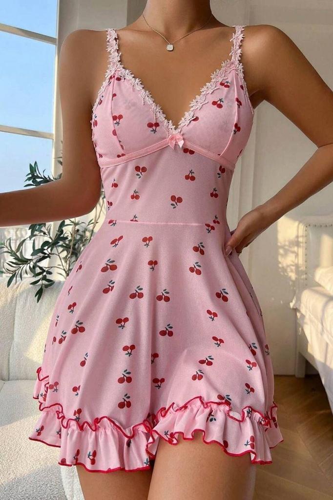 Bella Notte Romantic Pink Cherry Print Strap Thong and Nightgown Cute and Comfortable Women’s Lingerie Set