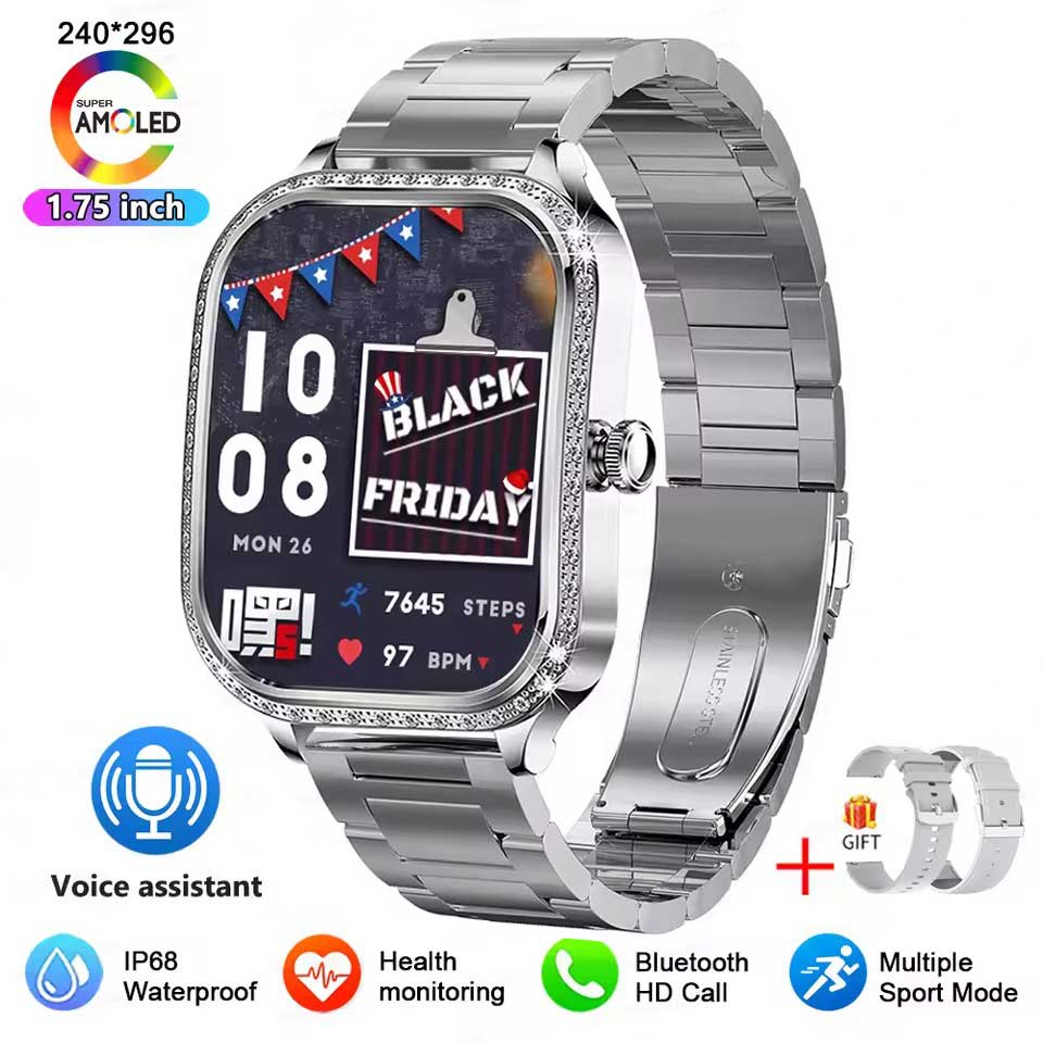 Новые модные женские умные часы с пульсометром 1,75 дюйма 240*296 HD экран часы с бриллиантами Bluetooth звонок водонепроницаемые умные часы для женщин