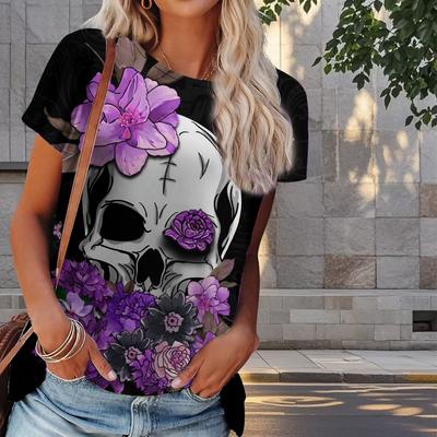 Женская летняя футболка с принтом черепа и розы, ретро-мода, футболки с коротким рукавом, повседневные топы с принтом