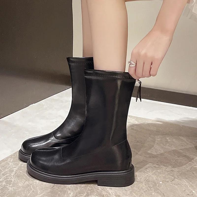 Мода 2024 года, высококачественная женская обувь, женские сапоги с молнией сзади, модные, с круглым носком, современные сапоги, женские ботильоны на квадратном каблуке