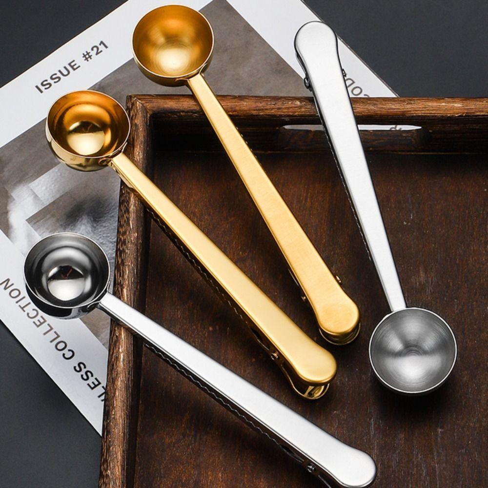 1pcs With Sealing Clip Measuring Spoon Stainless Steel Long Handle Spoon Portable Coffee Spoon  Home