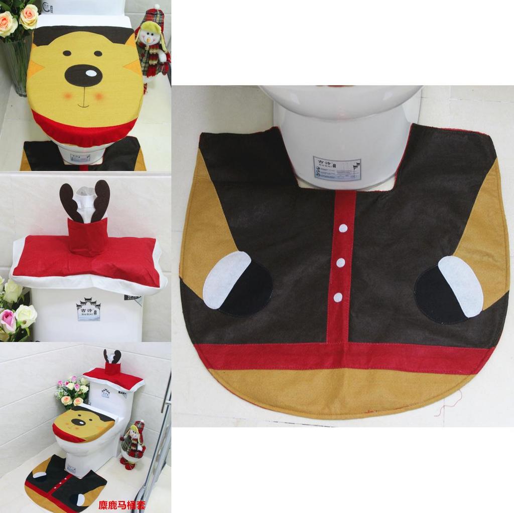 Festive Red And White Christmas Reindeer Toilet Seat Cover Set With Mat And Tank Lid For Holiday Cheer