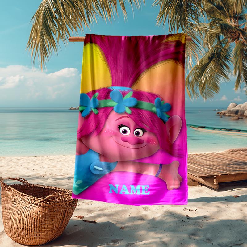Custom Name Ultra-Soft Beach Towel with Trolls Theme,Ideal for Pool - Camping, Diving - Perfect Travel Essential, Vibrant Beach Towel.