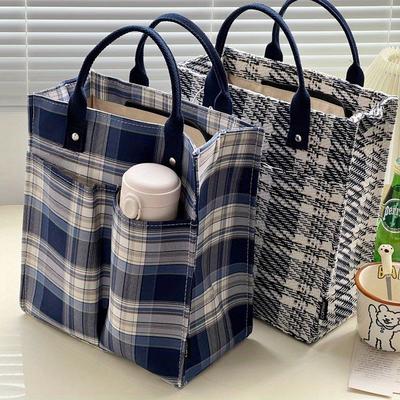 Плотная полиэстеровая сумка-тоут большой вместимости, минималистичный клетчатый узор, застежка-молния, усиленные ручки для работы, покупок и повседневных вещей