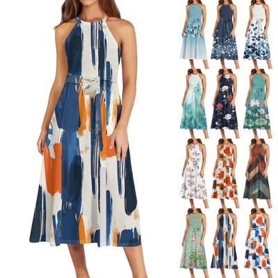 Женское повседневное платье миди с круглым вырезом, классическое, повседневное, без рукавов, свободное платье в стиле бохо с завязками, летний пляжный сарафан