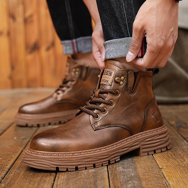 New 2024 Genuine Leather Casual Ankle Boots Men Round Toe Boots Comfy Lace-Up Anti-Slip Boots Outdoor Fashion Brand Casual Boots