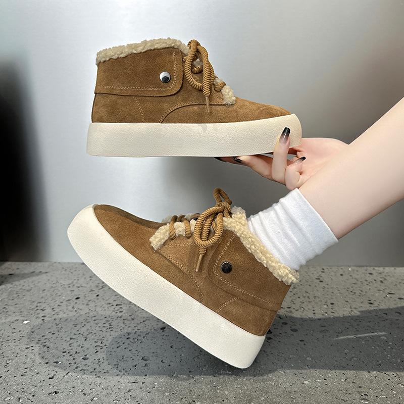 Добавить флисовые теплые шерстяные туфли женские 2024 зимние новые ретро матовые толстые подошвы модные все повседневные хлопковые туфли на шнуровке