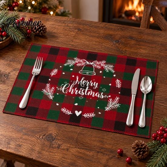 Rustic Linen Table Mats Christmas Placemats, Faux Heat-Resistant with Imitation Settings Santa Letter Print, Holiday Decoration for Party Non