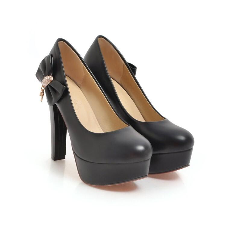 Женские туфли-лодочки из искусственной кожи на платформе, на очень высоком каблуке, с круглым носком и бантом, милые вечерние весенне-осенние туфли черного, белого, бежевого цвета