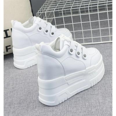 Мода 12 см Натуральная кожа ПУ Весна Осень Ботильоны Женщины Платформа Амортизированная Танкетка Высокий Бренд Массивные Кроссовки Модная Обувь