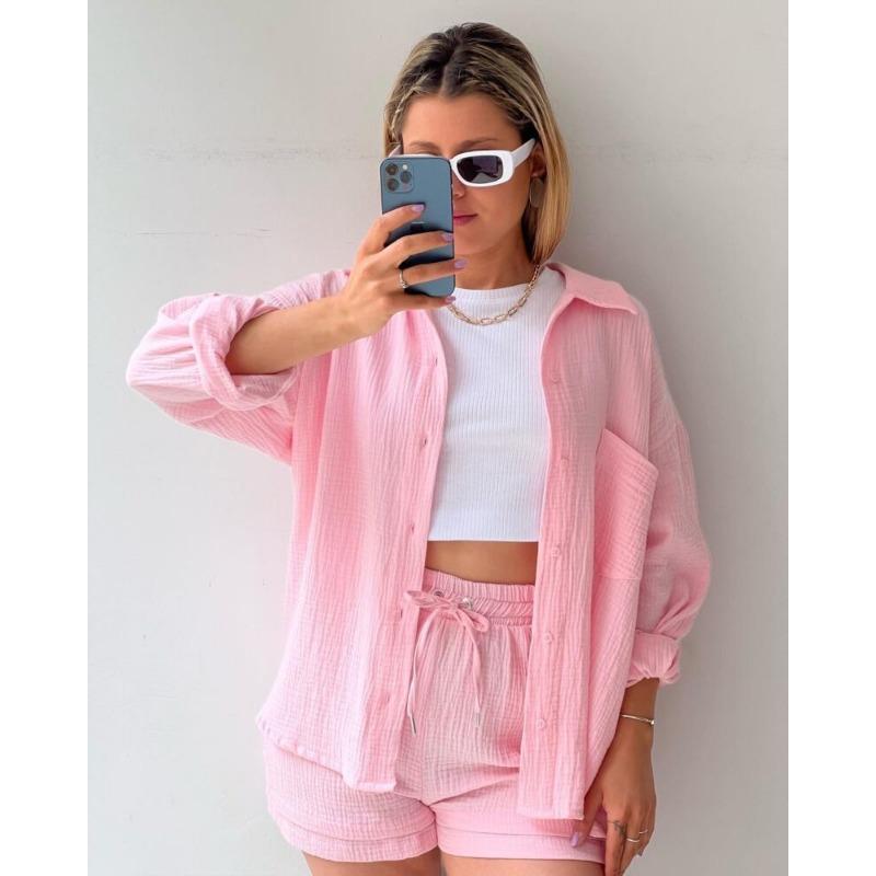 Женская рубашка с длинными рукавами из плиссированной ткани с лацканами, шорты с высокой талией и завязками, повседневный комплект из двух предметов