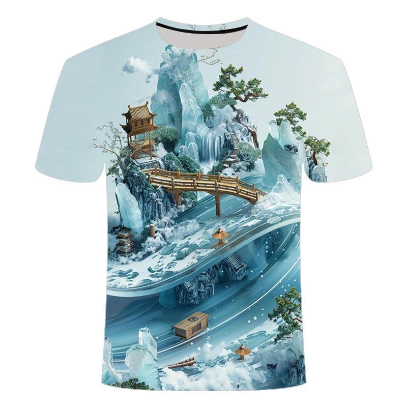 2024  Summer Creative Ink Painting Landscape 3D  Short Sleeved Men's Trendy Personalized T-shirt