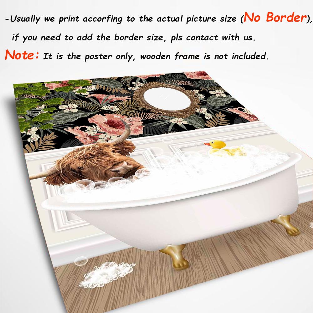 Животное Highland Cow в ванной комнате Wall Art Холст Картина Плакаты Ботаническая библиотека Монстера Лист Печать Для Кофейни Домашний Декор