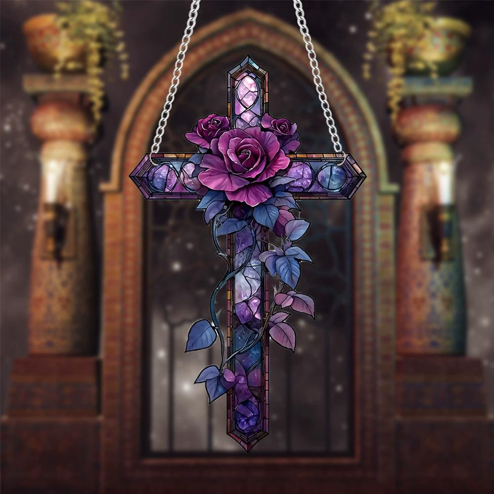 Purple Rose Cross Sun Hanging Ornament Suncatcher Hanging Ornament Tree Handmade Gift Decor Chr C6T6