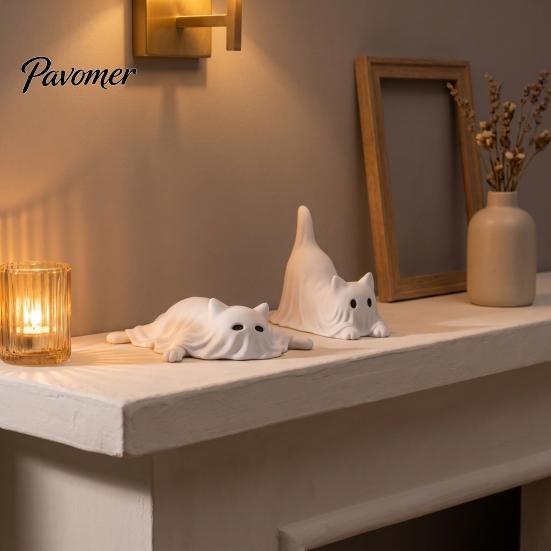 Halloween Yard Ornaments 3D Printed Ghost Cat Figurine, Cute Animal Statue, Statue Pleated Ornament for Home Desktop and Bookshelf Decoration