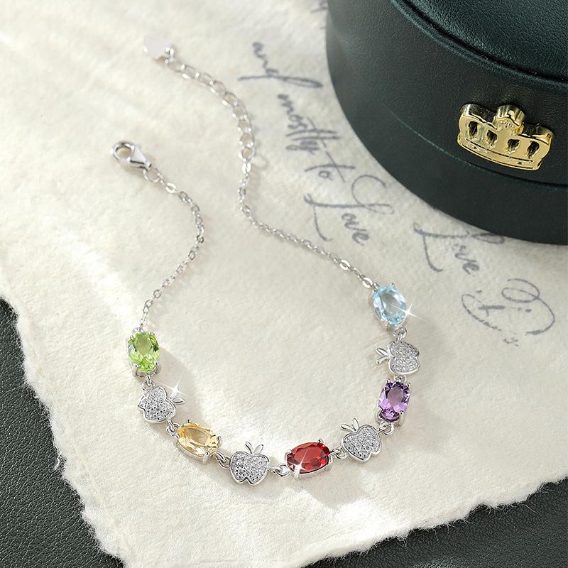 Light luxury rainbow egg-shaped crystal stone jewelry s925 sterling silver bracelet natural crystal apple design niche high-end fashion jewelry gifts