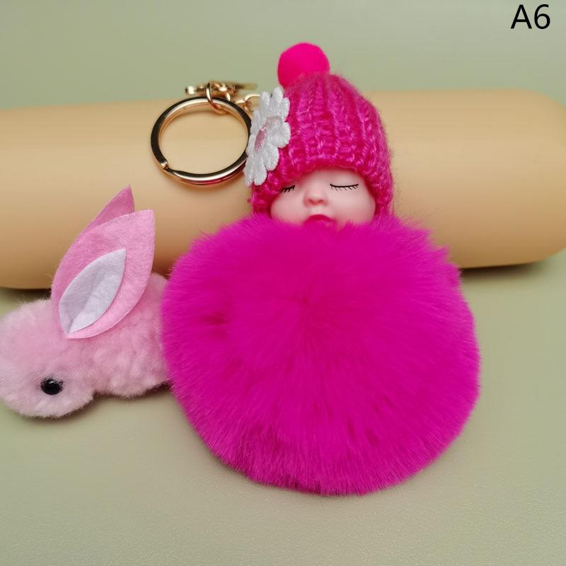 Pompom Sleeping Baby Keychain Cute Fluffy Plush Doll Keychains Women Girl Bag Keyrings Cars Key Ring Jewelry