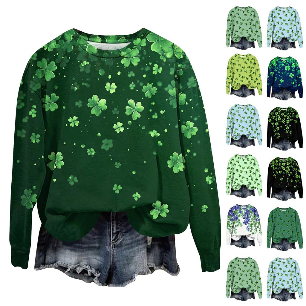 Women's Fashion St Patricks Day Printed Long Sleeve Loose Round Neck Sweatshirt Top Fall