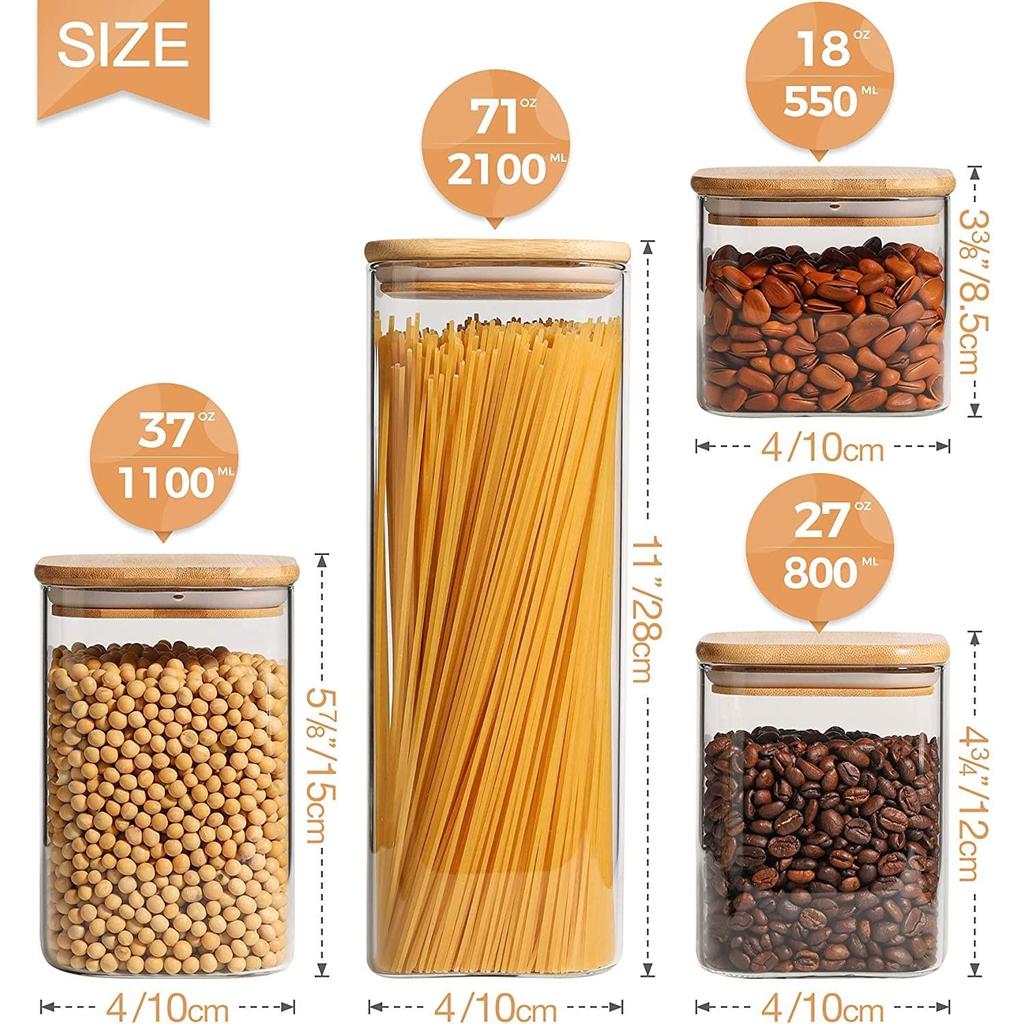 Контейнеры для хранения продуктов питания с герметичными бамбуковыми крышками. Набор из 6 штук. Канистра из прозрачного стекла. Банка для пищевых продуктов с герметичной крышкой. Контейнер для хранения кухонной кладовой.