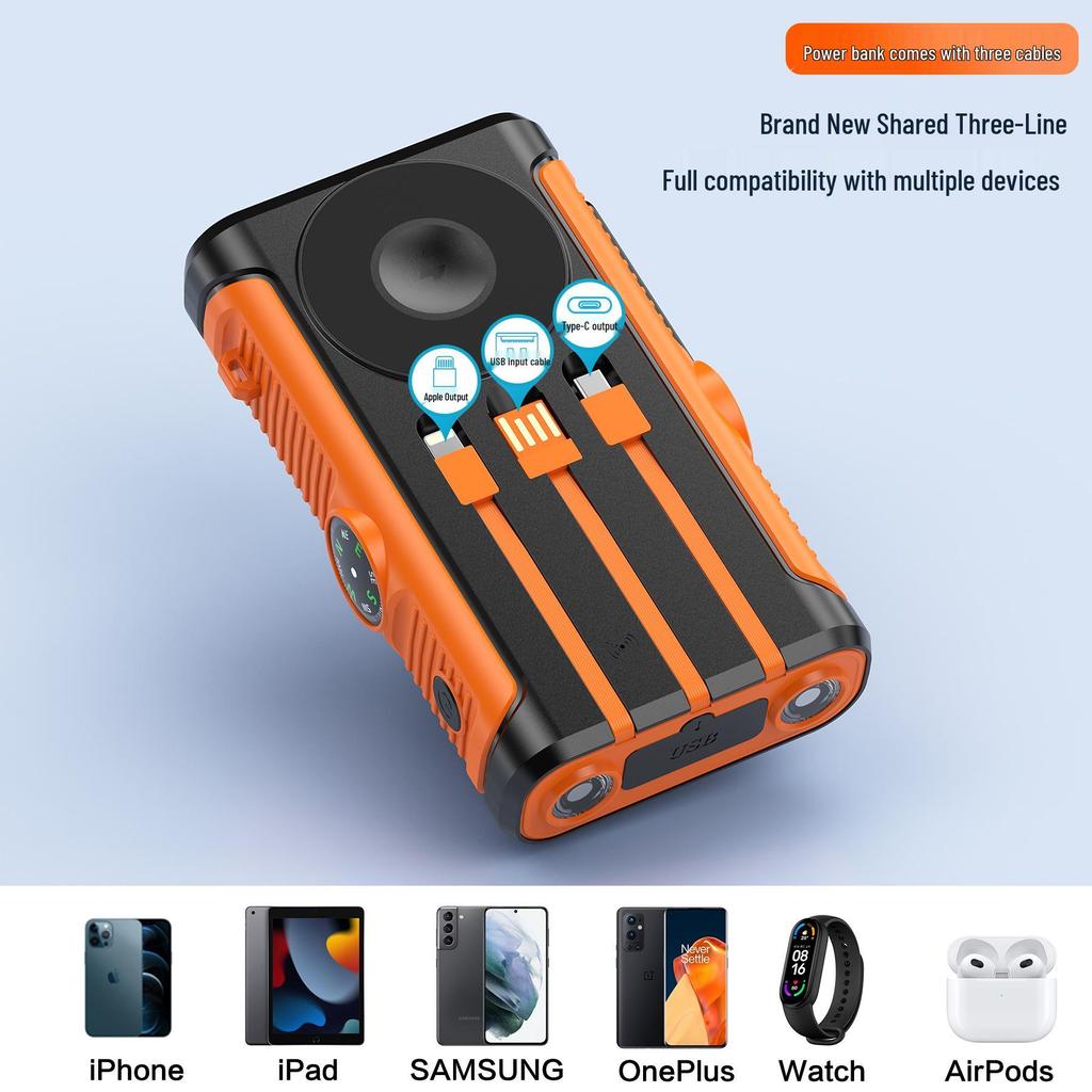 Солнечная Power Bank с ручным генератором и Магнитное Беспроводное Зарядное Устройство с Быстрой Зарядкой PD 22,5 Вт и Встроенным Кабелем - Мобильный Источник Питания для Кемпинга.