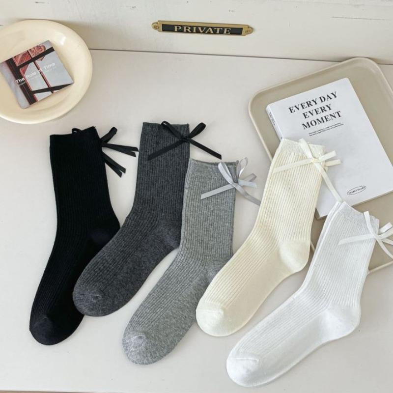 Ballet-style Spring and Summer Thin Cream White Socks for Women, Mid-calf Socks, Bow, Versatile, Black Pile Socks