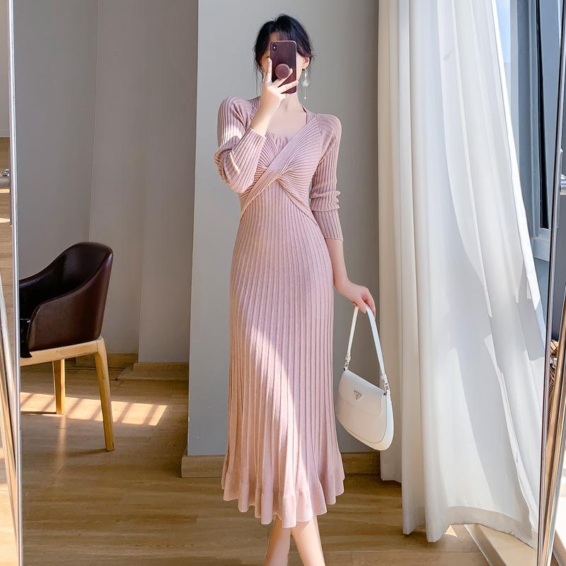 Корейское шерстяное вязаное платье «рыбий хвост» - Женское осенне-зимнее длинное выше колена облегающее базовое платье