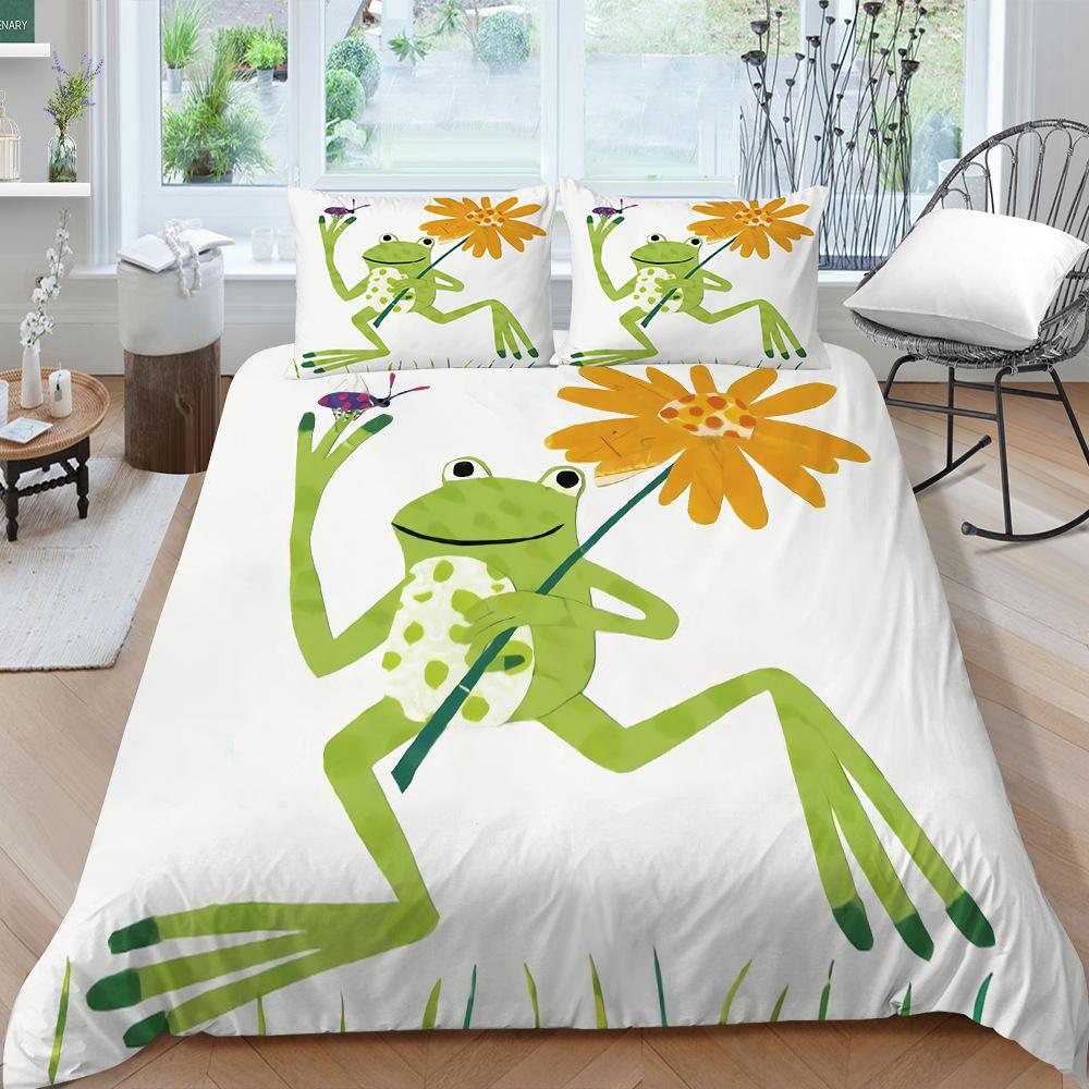 Animal Frogs Duvet Cover Set King Queen Size Green Lovely Cartoon Frog Bedding Set Kids Toad 2/3pcs Polyester Comforter Cover
