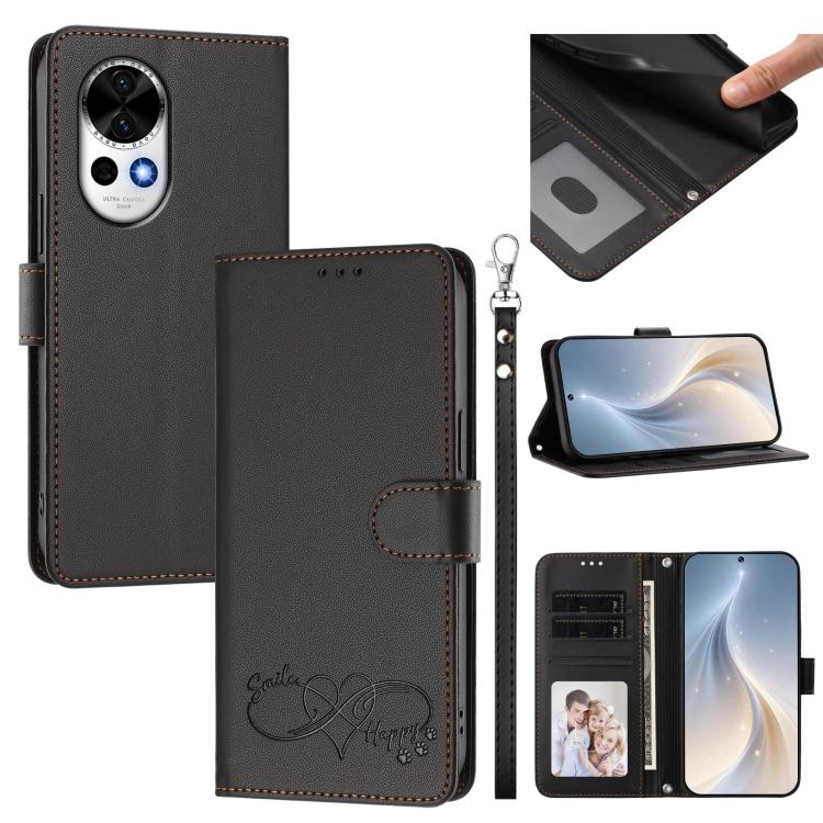 Happy Heart Pattern Magnetic Closure Vegan Leather Phone Case with Wrist Strap For Huawei Mate 60