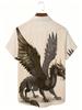 1pc Men'S Summer Short Sleeve Button-Up Shirt, Dark Golden T-Rex Print, Retro National Style Casual Top, Breathable Polyester Fabric, Non-Stretch,