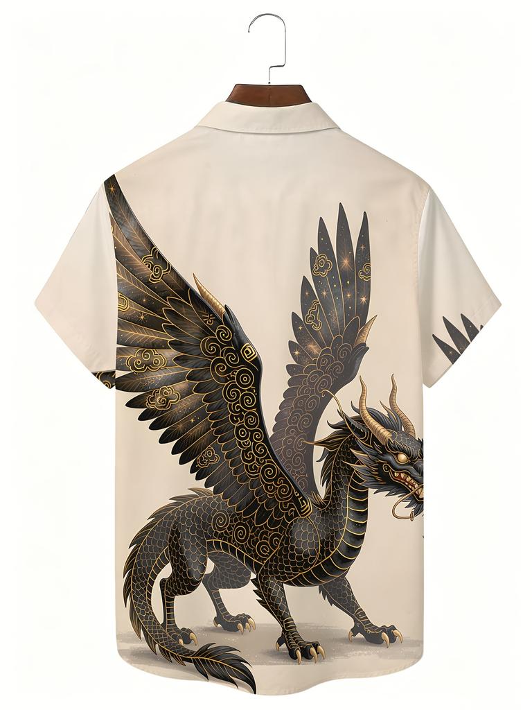 1pc Men'S Summer Short Sleeve Button-Up Shirt, Dark Golden T-Rex Print, Retro National Style Casual Top, Breathable Polyester Fabric, Non-Stretch,