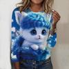 Tops For Spring&Autumn Cute Cat Floral Print Round Neck Long Sleeve T-shirt Fall Casual Slim Pullover Women's Long Sleeve Top