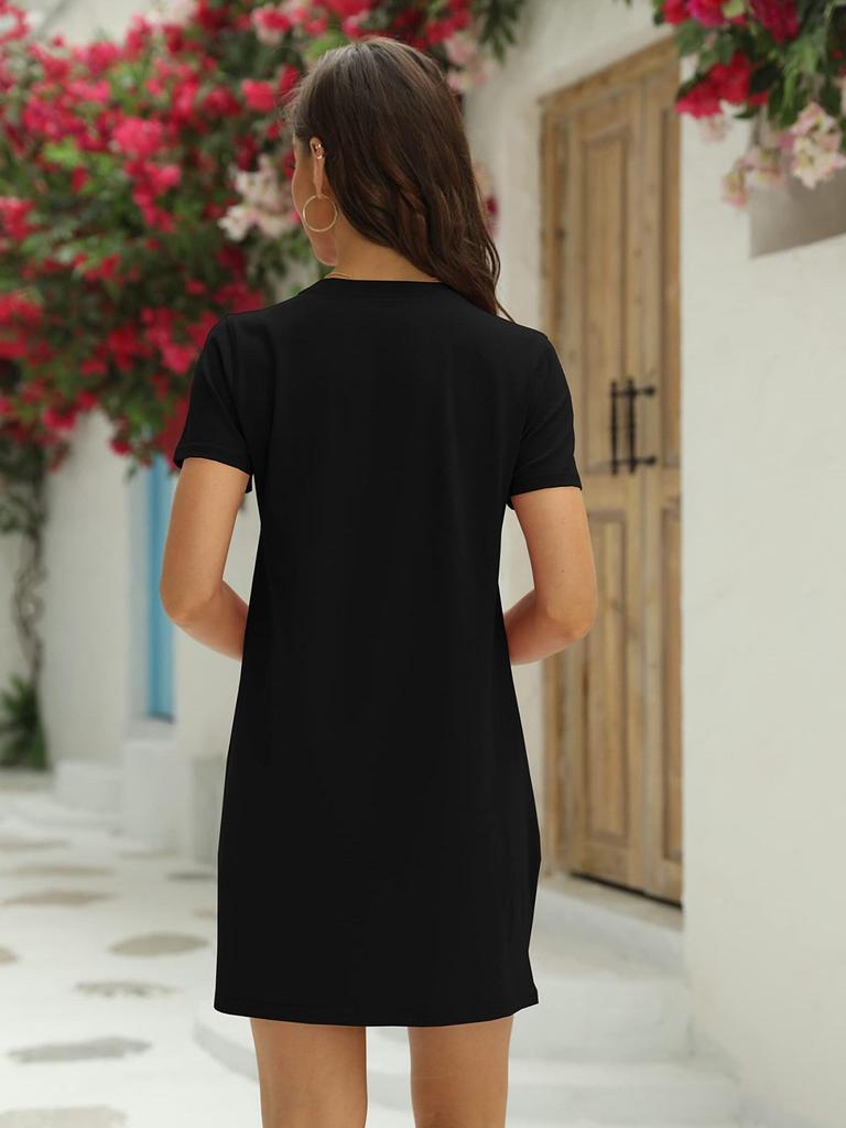 Women's Crew Neck Short Sleeve T Shirt Dress Solid Mini Dress with Pocket