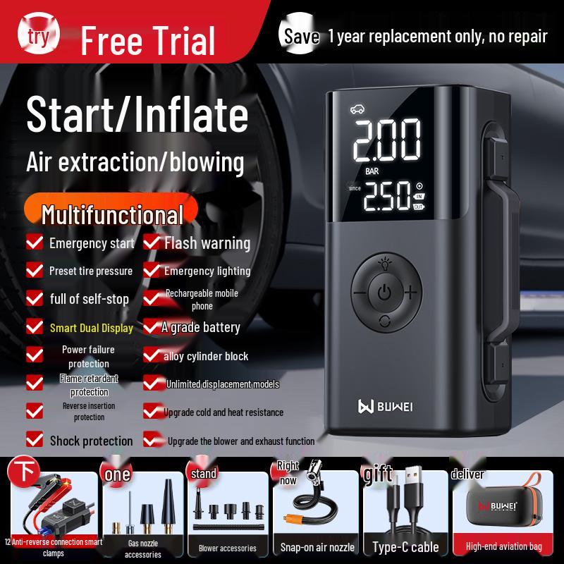 Car Emergency Power Supply & Tire Inflator with Built-in Backup Battery & Jumper Cables