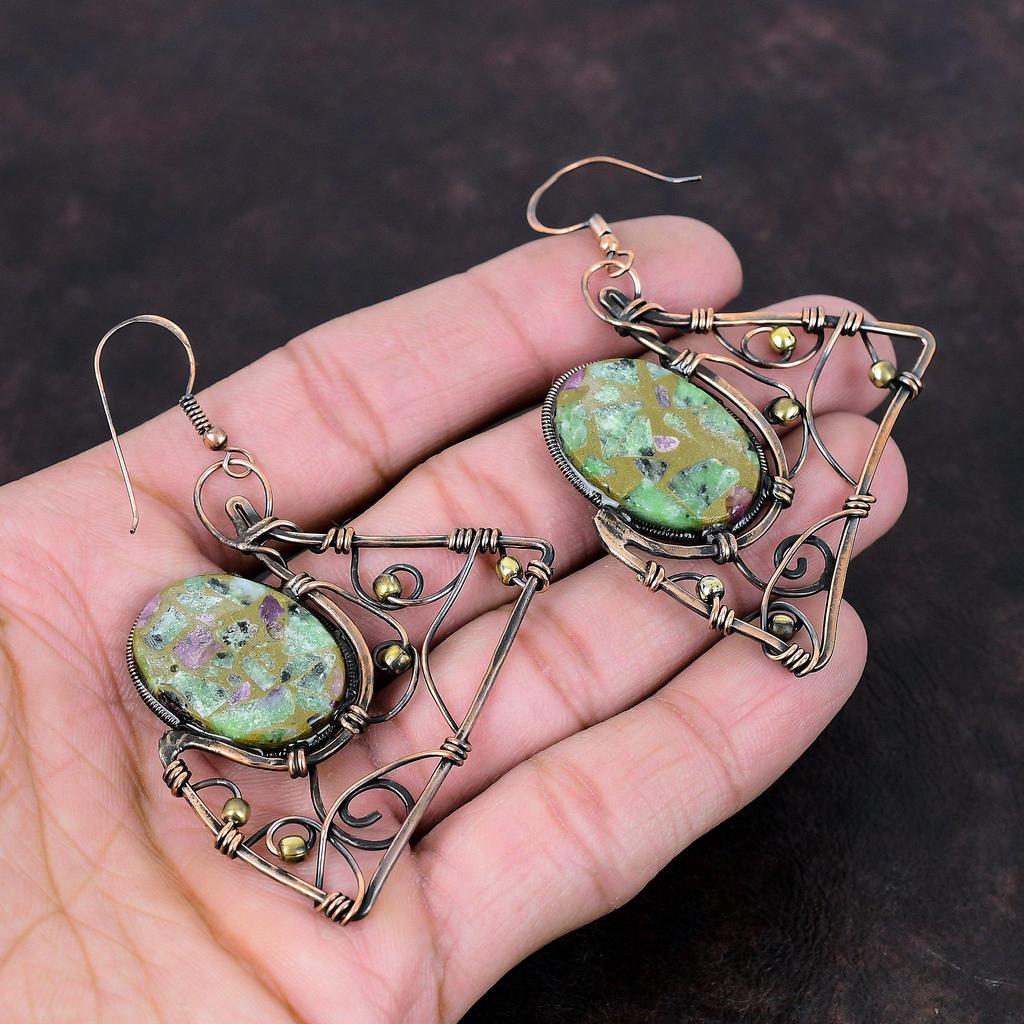 Copper Ruby Zoisite Earring Copper Wire Wrapped Earrings Designer Earring Handmade Jewelry Genuine Gemstone Earring Copper Jewelry For Gift