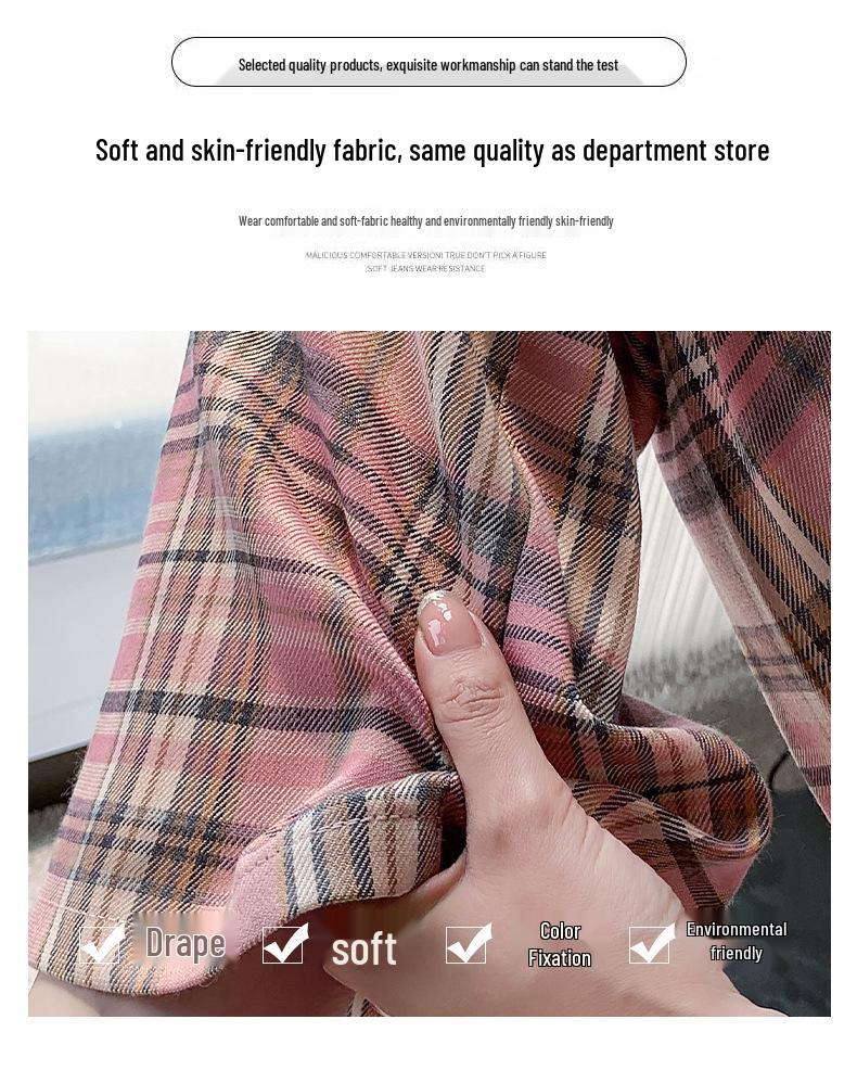 Petite Pink Plaid Ice Silk Wide-Leg Pants: Summer Casual Loose Fit, Straight Floor-Length Style