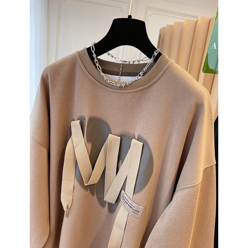 Женская толстовка модная лента свободный повседневный топ с круглым вырезом плюс размер пуловер