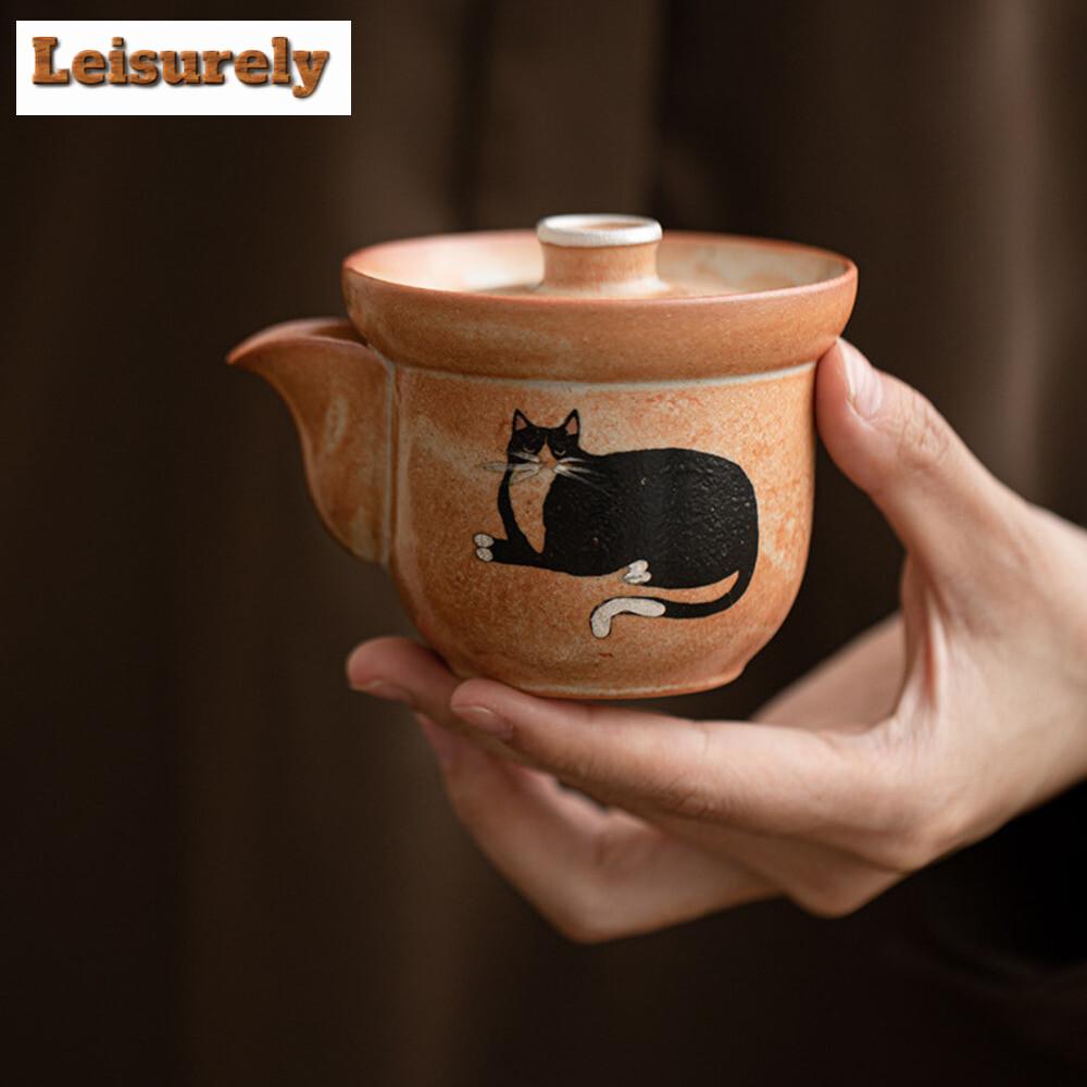 130ml Hand-painted Zhiye Cat Hand Grab Pot Japanese Double Edge Anti Scalding Pot Tea Wood-fired Porcelain Tea Brewing Kettle